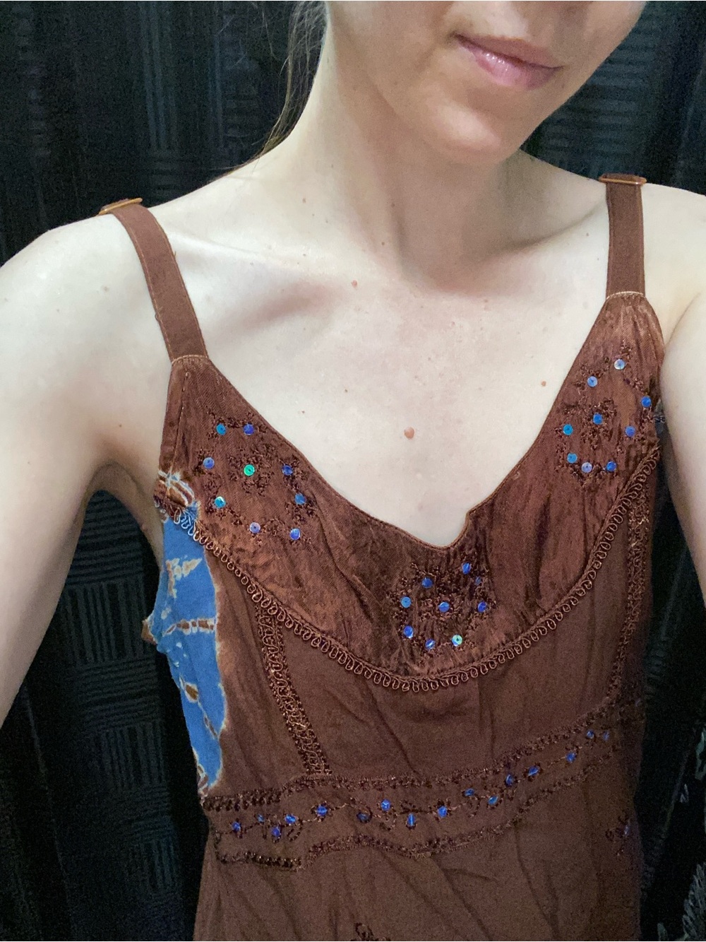 Y2K Boho Cami Tank with Brown Blue Tie-Dye Hem & Fairy Sequins - Picture 5 of 5